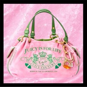 🌸 Juicy Couture Pink & Green “Juicy Is For Life” Hobo Bag Y2K Velour 🧃